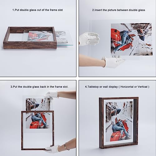 Trwcrt 4x6 Picture Frame Set of 2, Double Side Tempered Glass Floating Picture Frames, Display up to 6 x 8 photos for Desktop or Wall Hanging, Brown