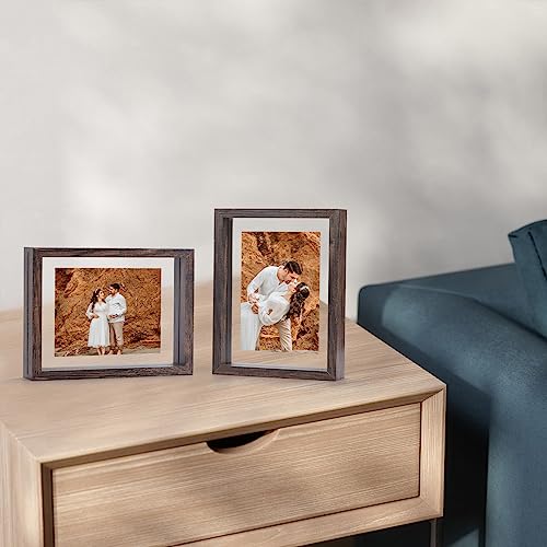 Trwcrt 4x6 Picture Frame Set of 2, Double Side Tempered Glass Floating Picture Frames, Display up to 6 x 8 photos for Desktop or Wall Hanging, Brown