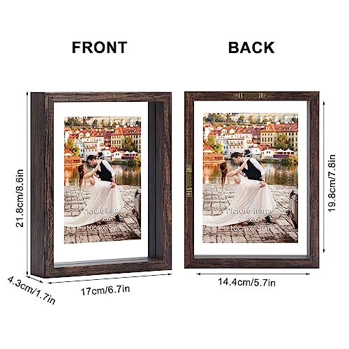 Trwcrt 4x6 Picture Frame Set of 2, Double Side Tempered Glass Floating Picture Frames, Display up to 6 x 8 photos for Desktop or Wall Hanging, Brown