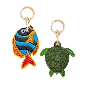2 pack leather airtag keychain case holder, cute kawaii accessories suitable for airtag (fish-turtle)