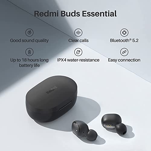 Xiaomi Redmi Buds Essential Wireless Earbuds, Bluetooth 5.2 Low Latency Gaming Headphones Stereo Earphones in Ear Touch Control Headset with Mic Deep Bass for Sport, Gaming and Running, Black