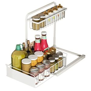 wogqx 2 tier pull out spice rack cabinet organizer under sink sliding storage drawer, kitchen countertop storage basket,white