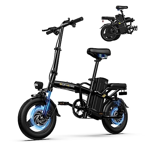 SOHAMO A2 Electric Bike, Foldable Electric Bicycles for Women, Teens, Men, Lightweight Aluminum with Pedals, 48V 12AH 350W Brushless Motor with 20mph, Road/Comfort Bike City Commuter, Picnic