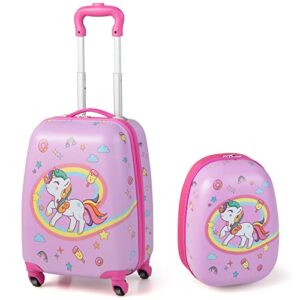 honey joy kids luggage, 12" toddler backpack & 16" travel suitcase with wheels, lightweight toddler girls suitcase, durable abs hardshell, 2pcs carry on luggage set for boys girls(pink horse)