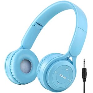 kids bluetooth headphones, wireless headphones for kids with built-in microphone, over ear foldable stereo-bass aux 3.5mm cord, wireless bluetooth headsets for children boys girls school (blue)