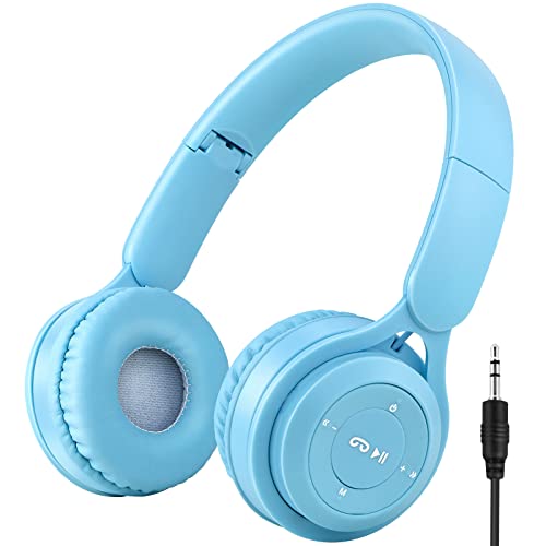 Kids Bluetooth Headphones, Wireless Headphones for Kids with Built-in Microphone, Over Ear Foldable Stereo-Bass Aux 3.5mm Cord, Wireless Bluetooth Headsets for Children Boys Girls School (Blue)