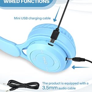 Kids Bluetooth Headphones, Wireless Headphones for Kids with Built-in Microphone, Over Ear Foldable Stereo-Bass Aux 3.5mm Cord, Wireless Bluetooth Headsets for Children Boys Girls School (Blue)