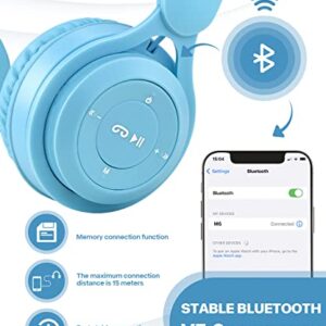 Kids Bluetooth Headphones, Wireless Headphones for Kids with Built-in Microphone, Over Ear Foldable Stereo-Bass Aux 3.5mm Cord, Wireless Bluetooth Headsets for Children Boys Girls School (Blue)