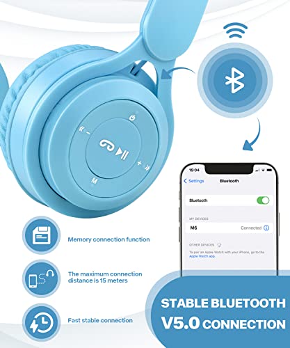 Kids Bluetooth Headphones, Wireless Headphones for Kids with Built-in Microphone, Over Ear Foldable Stereo-Bass Aux 3.5mm Cord, Wireless Bluetooth Headsets for Children Boys Girls School (Blue)