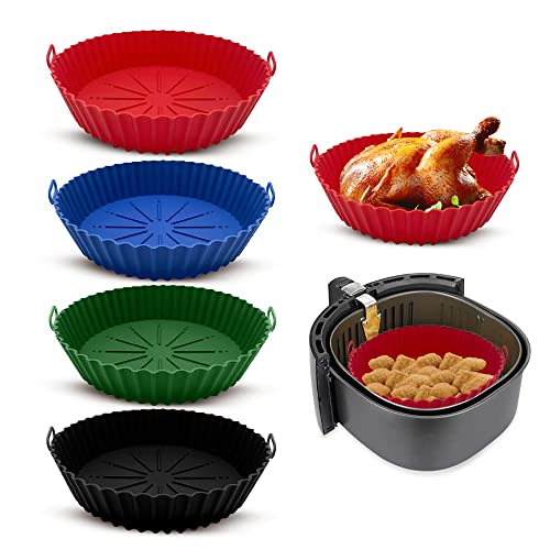 4-Pack Silicone Air Fryer Liner 6.3inch Reusable Air Fryer Silicone Basket Heat Resistant Easy Cleaning Air fryers Silicone Pot Round shape for Air fryer Oven Accessories (Blue+Red+green+Black)