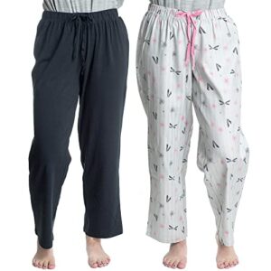 hanes women's 2-pack solid and pattern sleep pajama pant set, black/dragonfly, petite/x-small