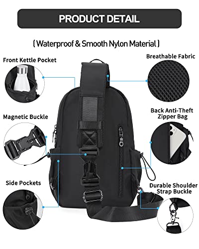 Black Sling Crossbody Bag for Men Women, Tactical Backpack Shoulder Daypack Mini Anti-Theft Cross Body Motorcycle Chest Bags, Small One Strap Backpack for Casual Travel Hiking Outdoor Sports