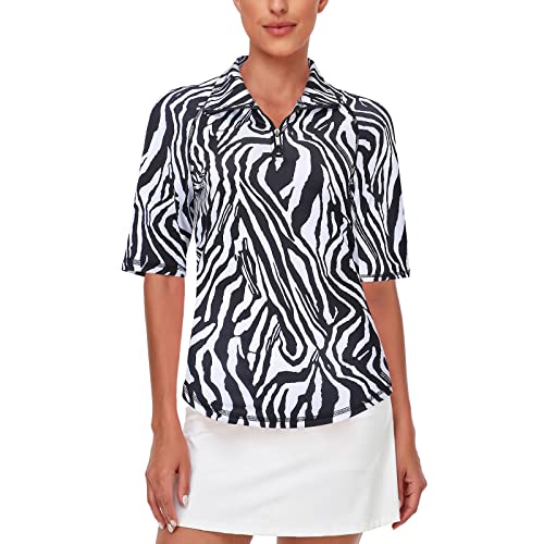 Misyula Athletic Tops for Women,Short Sleeve Quarter Zip Golf Shirts UV Protection Dry Fit Workout Top Relaxed Fit Tennis Training Jogging Performance Active Wear Outfits Zebra L