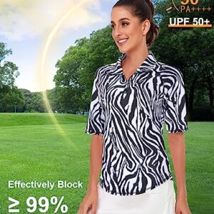 Misyula Athletic Tops for Women,Short Sleeve Quarter Zip Golf Shirts UV Protection Dry Fit Workout Top Relaxed Fit Tennis Training Jogging Performance Active Wear Outfits Zebra L