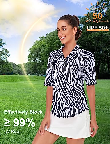 Misyula Athletic Tops for Women,Short Sleeve Quarter Zip Golf Shirts UV Protection Dry Fit Workout Top Relaxed Fit Tennis Training Jogging Performance Active Wear Outfits Zebra L