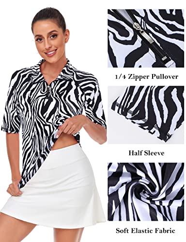 Misyula Athletic Tops for Women,Short Sleeve Quarter Zip Golf Shirts UV Protection Dry Fit Workout Top Relaxed Fit Tennis Training Jogging Performance Active Wear Outfits Zebra L