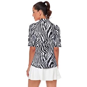 Misyula Athletic Tops for Women,Short Sleeve Quarter Zip Golf Shirts UV Protection Dry Fit Workout Top Relaxed Fit Tennis Training Jogging Performance Active Wear Outfits Zebra L