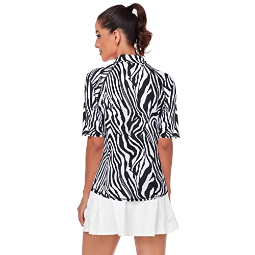 Misyula Athletic Tops for Women,Short Sleeve Quarter Zip Golf Shirts UV Protection Dry Fit Workout Top Relaxed Fit Tennis Training Jogging Performance Active Wear Outfits Zebra L