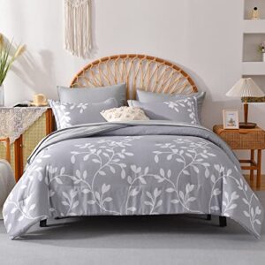 metahots king size comforter set, 7 pcs white flowers botanical printed on grey comforter set with sheets, soft lightweight microfiber bedding set for all season(104"x90")