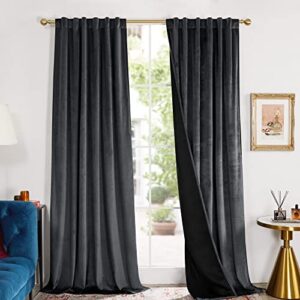 deconovo velvet curtains 96 inches, 100% blackout curtain with black liner - 52x96 inch, luxury curtains for living room, rod pocket and back tab window drape for bedroom/office, dark gray, 1 panel