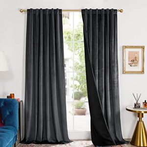 Deconovo Velvet Curtains 96 inches, 100% Blackout Curtain with Black Liner - 52x96 Inch, Luxury Curtains for Living Room, Rod Pocket and Back Tab Window Drape for Bedroom/Office, Dark Gray, 1 Panel