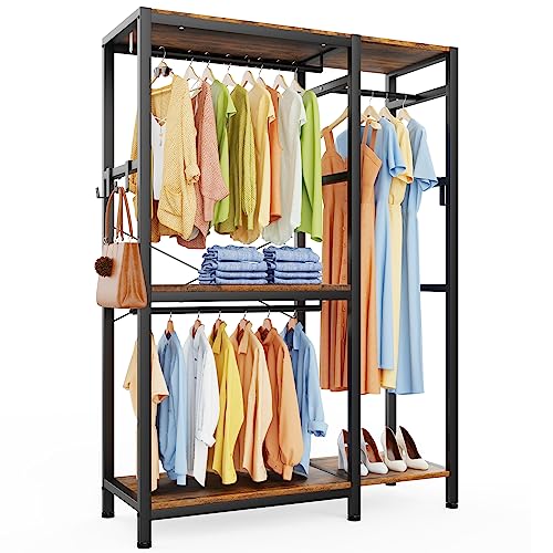 TARKARI Free Standing closet organizer Heavy Duty clothes closet garment iron and wood Wardrobe with rod clothing racks for hanging clothes rack with shelves