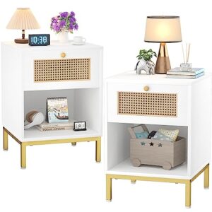 ecoprsio nightstands set of 2 for bedroom, boho bed side table with storage drawer, mid-century modern night stand with wood finish and rattan drawer, end table, sofa couch side table - white