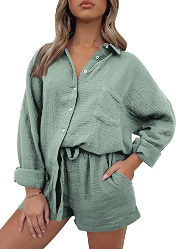 AUTOMET Womens Fashion 2 Piece Outfits For Women Lounge Sets Pajama Sets Two Piece Button Down Oversized Shirts Fall Outfits 2023 Tracksuit