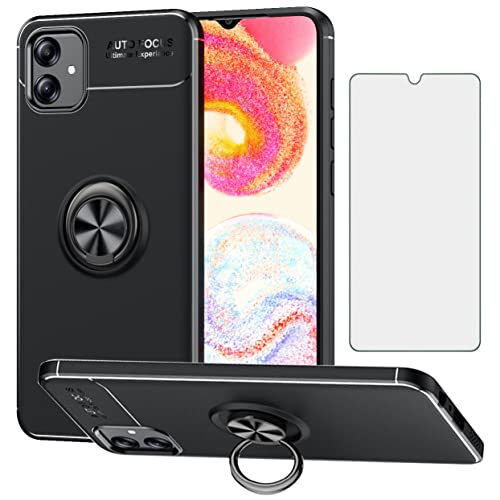 Asuwish Phone Case for Samsung Galaxy A04 with Tempered Glass Screen Protector Cover and Cell Accessories Kickstand Stand Magnetic Ring Holder Protective Soft TPU Silicone Ao4 A 04 4G Women Men Black