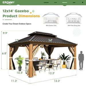 EROMMY 12' x 14' Gazebo, Wooden Finish Coated Aluminum Frame Canopy with Double Galvanized Steel Hardtop Roof, Outdoor Permanent Metal Pavilion with Curtains and Nettings for Patio, Backyard and Deck