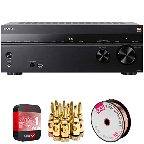 Sony STR-AN1000 7.2 Channel Home Theater 8K A/V Receiver Bundle with Deco Essentials Speaker Banana Plugs 5 Pairs, 100ft Long 16 AWG Speaker Wire and 1 YR CPS Enhanced Protection Pack