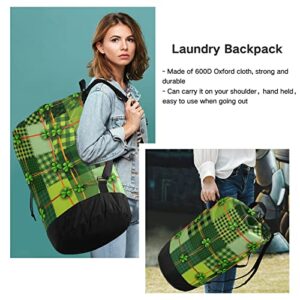 Oyihfvs Patchwork St. Patrick's Day Shamrock Four Leaf in Green Backpack Laundry Bag, Laundry Backpack with Shoulder Straps, Waterproof Nylon Clothes Hamper Bag for Men Women Yoga Backpack