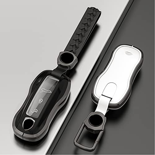 K LAKEY Alloy Metal Key Fob Cover,Compatible with Porsche 911 Cayenne Cayenne Coupe Panamera Taycan Remote Keyless Key Fob,Armor TPU Key Fob Case Protector with Keychain Black