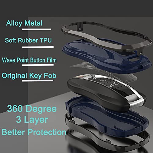 K LAKEY Alloy Metal Key Fob Cover,Compatible with Porsche 911 Cayenne Cayenne Coupe Panamera Taycan Remote Keyless Key Fob,Armor TPU Key Fob Case Protector with Keychain Black