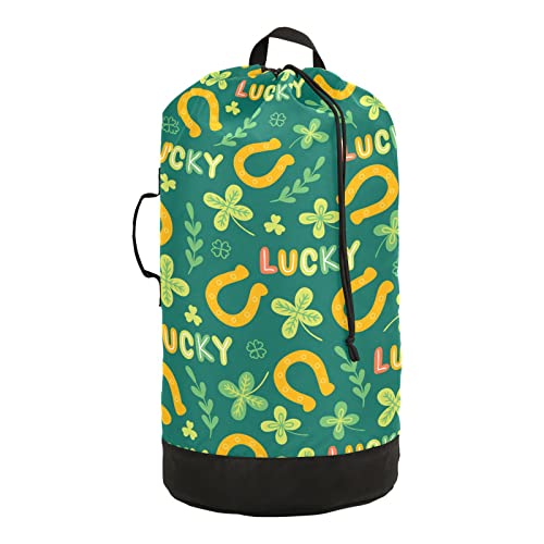 Oyihfvs St Patrick's Day Clover, Branch, Horseshoe, Letters and Quatrefoil Backpack Laundry Bag, Laundry Backpack with Shoulder Straps, Waterproof Nylon Clothes Hamper Bag for Men Women Yoga Backpack