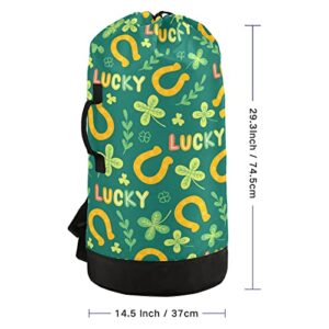 Oyihfvs St Patrick's Day Clover, Branch, Horseshoe, Letters and Quatrefoil Backpack Laundry Bag, Laundry Backpack with Shoulder Straps, Waterproof Nylon Clothes Hamper Bag for Men Women Yoga Backpack