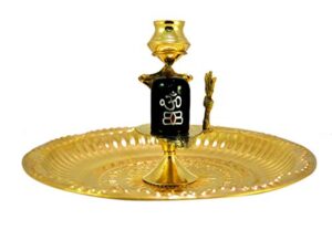 crafting bear shaligram shiva ling lingam statue marble stone snake trishul set brass stand with decorative pooja thali for home temple decor, 8 cm