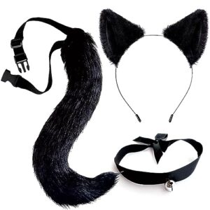 cat ears and tail set costume accessories faux fur ear headband ear clips head band furry black long tails choker halloween cosplay costumes anime animal ears hair clip for women adult accessory