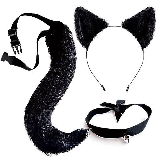 Cat Ears and Tail Set Costume Accessories Faux Fur Ear Headband Ear Clips Head band Furry Black Long Tails Choker Halloween Cosplay Costumes Anime Animal Ears Hair Clip for Women Adult Accessory