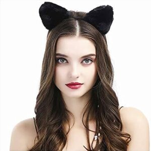 Cat Ears and Tail Set Costume Accessories Faux Fur Ear Headband Ear Clips Head band Furry Black Long Tails Choker Halloween Cosplay Costumes Anime Animal Ears Hair Clip for Women Adult Accessory