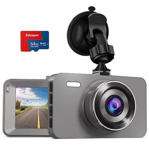 edospor dash cam for cars with 64g sd card, 3'' ips screen car camera, 176° wide angle dash camera, 1080p fhd dashcam with ir night vision, loop recording, parking mode, g-sensor, wdr