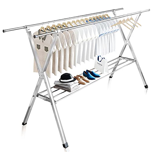 JAUREE Clothes Drying Rack 2 Tiers, Heavy Duty Drying Rack Clothing Folding Indoor Outdoor, Stainless Steel Laundry Drying Rack, Foldable Garment Rack with 20 Windproof Hooks (84 Inches)