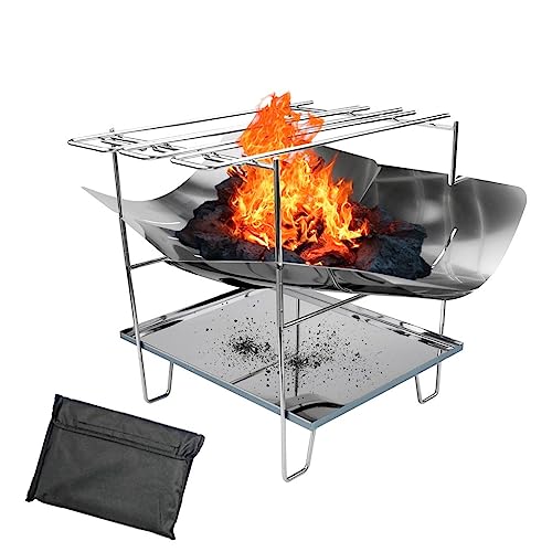 Foldable Camping Grill- Stainless Steel Wood Burning Stove and Fire Pit- 14.2” Portable Campfire Charcoal BBQ Grill- Outdoor Cooking BBQ With Grill Mesh and Carry Bag- Easy to Assemble