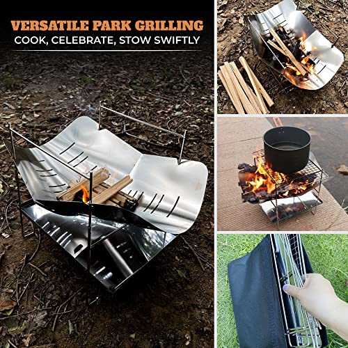 Foldable Camping Grill- Stainless Steel Wood Burning Stove and Fire Pit- 14.2” Portable Campfire Charcoal BBQ Grill- Outdoor Cooking BBQ With Grill Mesh and Carry Bag- Easy to Assemble