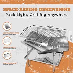 Foldable Camping Grill- Stainless Steel Wood Burning Stove and Fire Pit- 14.2” Portable Campfire Charcoal BBQ Grill- Outdoor Cooking BBQ With Grill Mesh and Carry Bag- Easy to Assemble