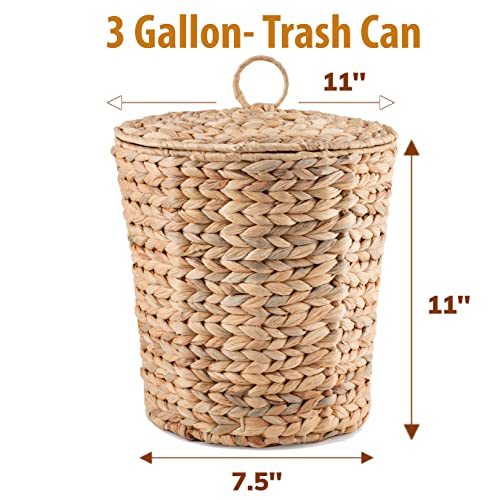 KOLWOVEN Wicker Trash Can with Lid in Bedroom, Bathroom - 3 Gallon Small Trash Can in Office - Boho Woven Wicker Waste Basket - Office Garbage Cans for Under Desk with Plastic Insert