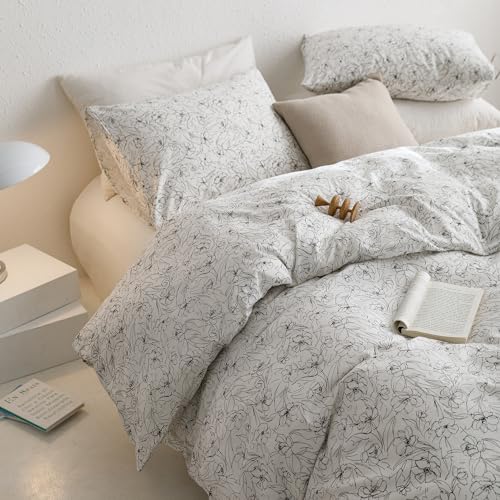 ECOCOTT White & Black Floral Duvet Cover King Size, 100% Cotton 3 Piece Duvet Cover Set, Super Soft Comforter Quilt Cover with Zipper Closure 4 Ties (King,104"x90")