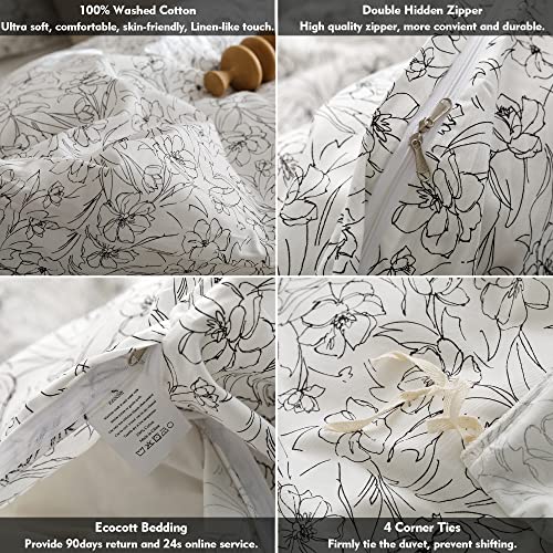 ECOCOTT White & Black Floral Duvet Cover King Size, 100% Cotton 3 Piece Duvet Cover Set, Super Soft Comforter Quilt Cover with Zipper Closure 4 Ties (King,104"x90")