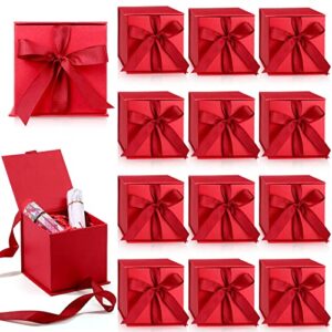 12 pcs 4 in small gift box with lid, ribbon bow and shredded filler gift wrapping paper box for weddings, graduations, birthday, christmas, bridesmaid proposal gifts (red)