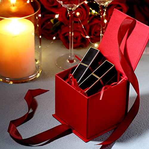 12 Pcs 4 In Small Gift Box with Lid, Ribbon Bow and Shredded Filler Gift Wrapping Paper Box for Weddings, Graduations, Birthday, Christmas, Bridesmaid Proposal Gifts (Red)